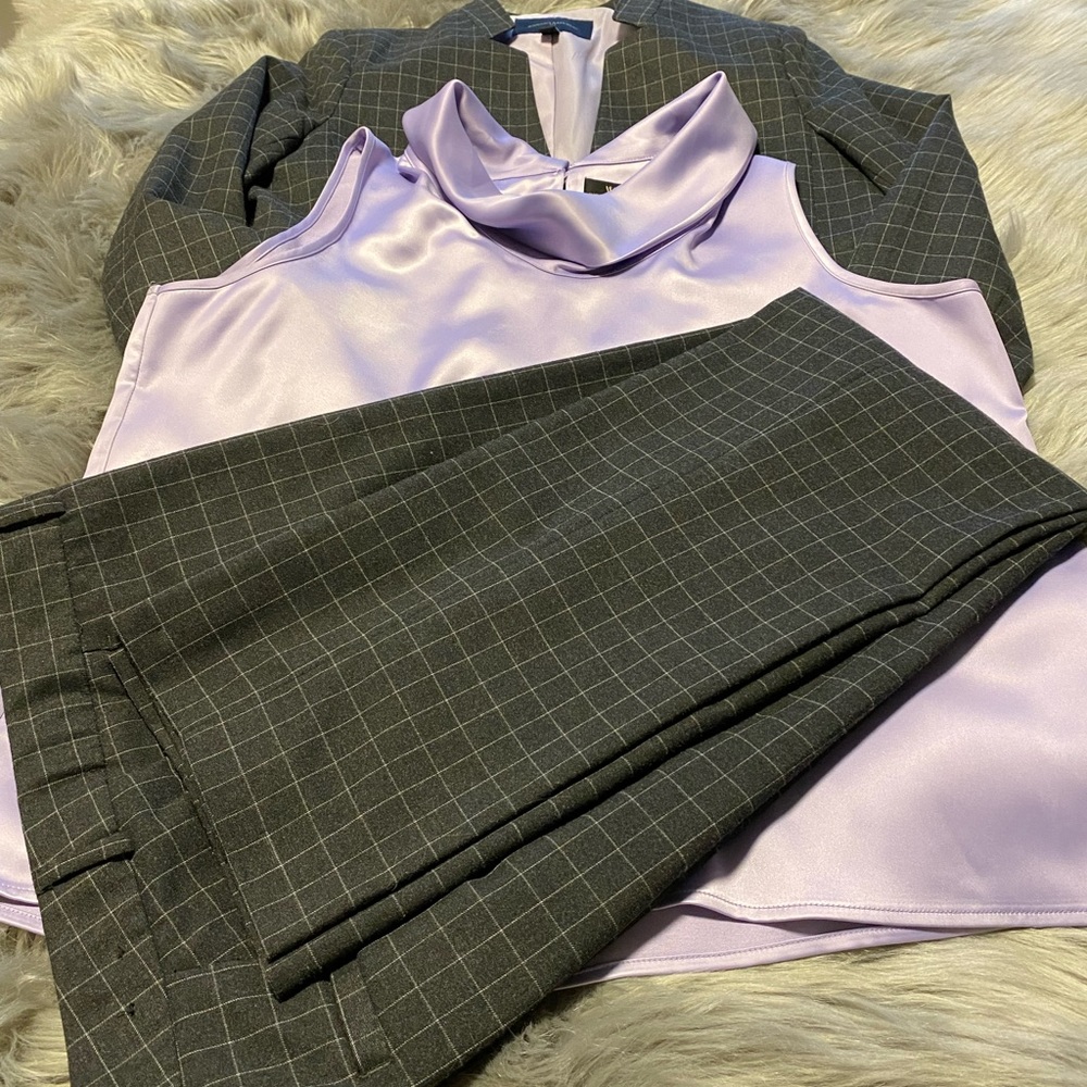 Banana Republic Grey Plaid Suit with Lavender Blouse
